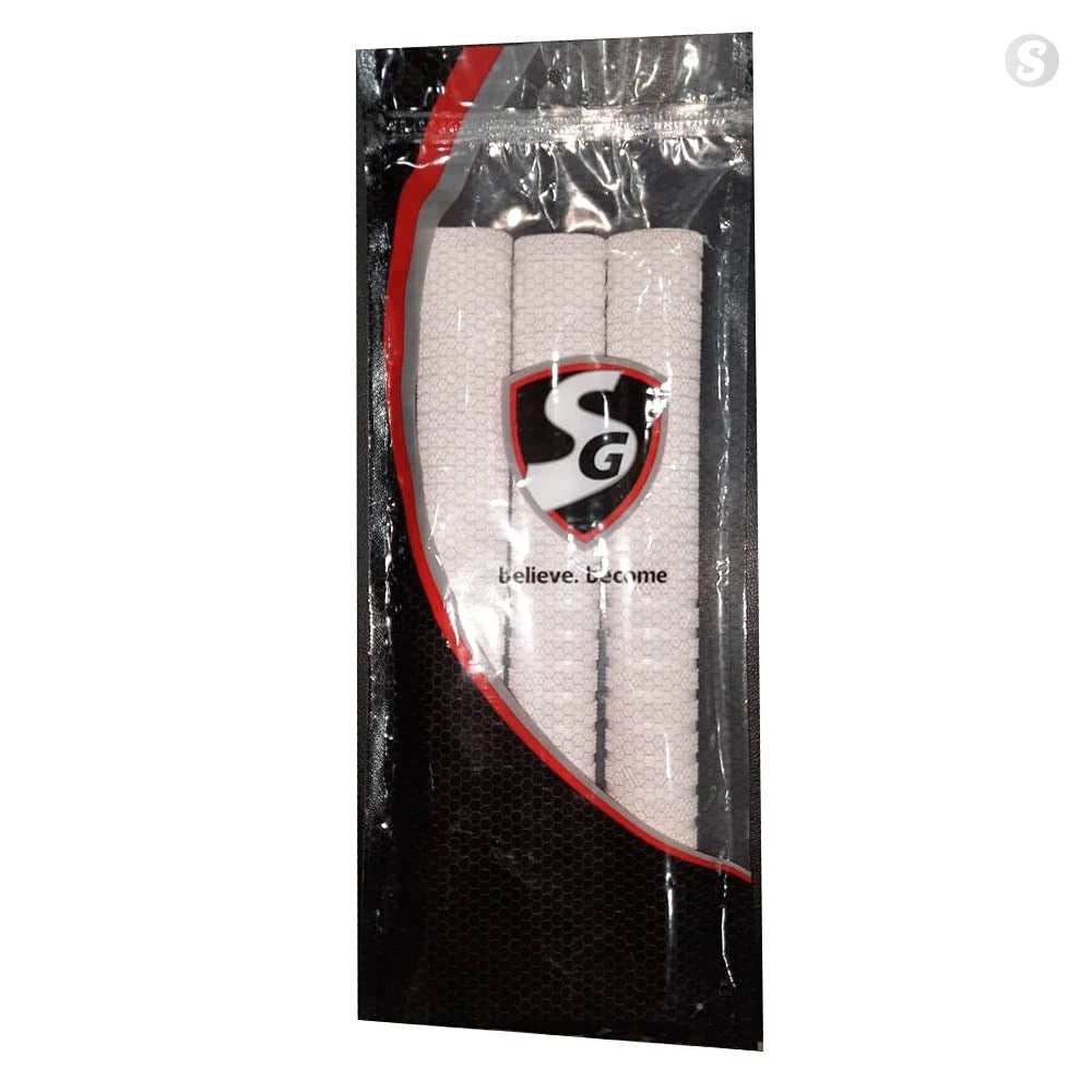 Sealed package of white SG Hexa cricket bat grips pack of 3 at Alberta Cricket Store