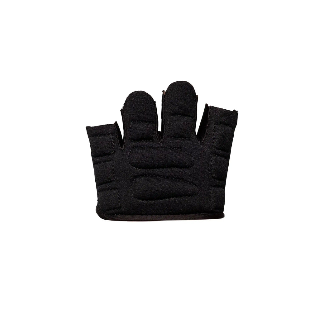 Palm view of SG HP 33 black fingerless catching practice glove showing padded palm segments for impact protection.