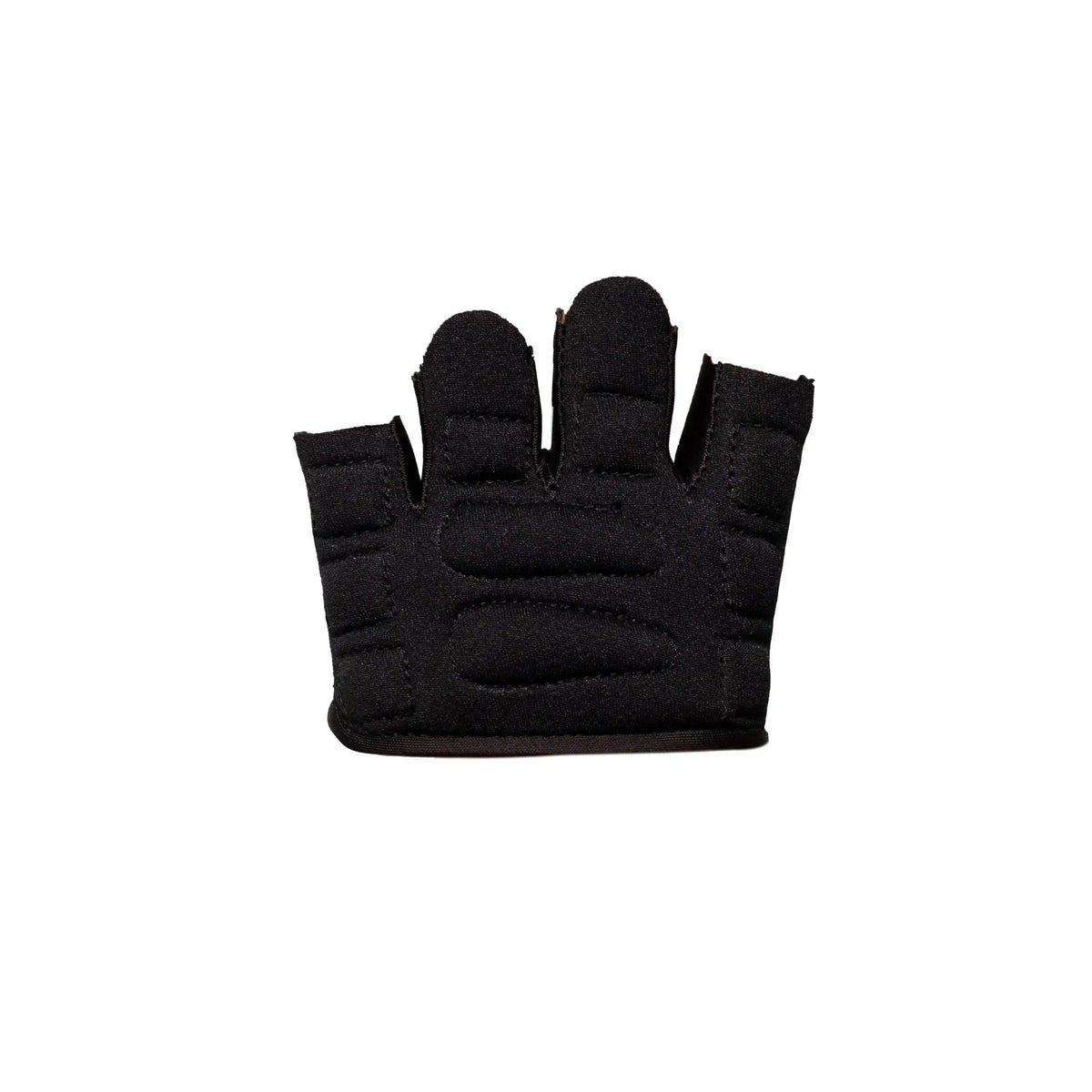 Palm view of SG HP 33 black fingerless catching practice glove showing padded palm segments for impact protection.
