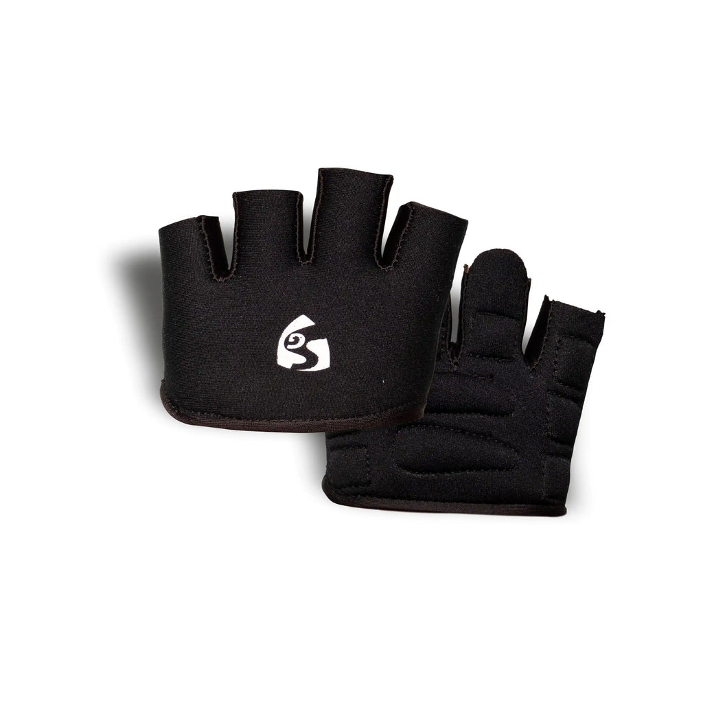 Pair of SG HP 33 black fingerless catching practice gloves showing both front backboard and padded palm view.