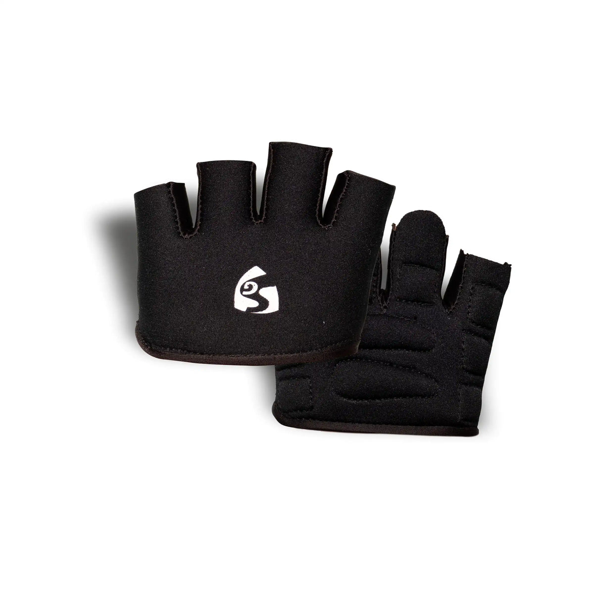 Pair of SG HP 33 black fingerless catching practice gloves showing both front backboard and padded palm view.