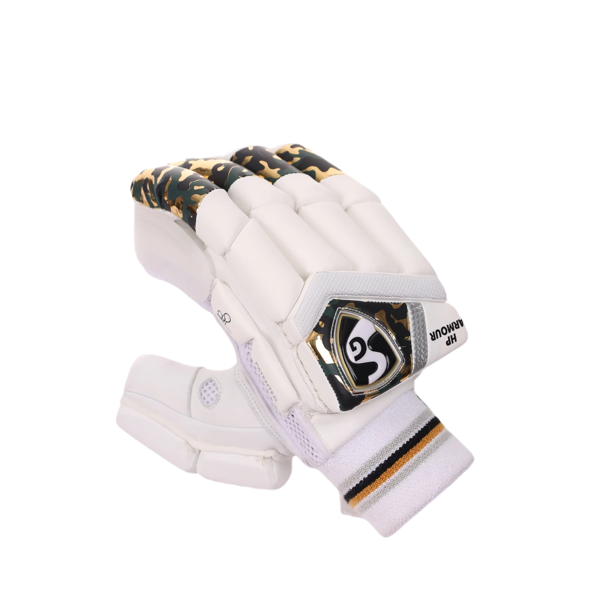 Side view of SG HP Armour adult cricket batting gloves showing finger split design on Alberta.