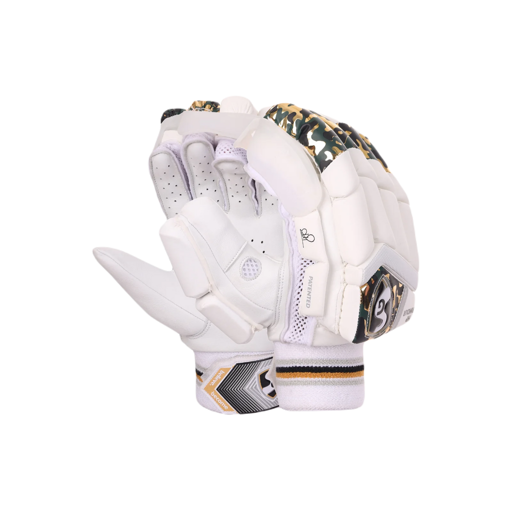 Pair of SG HP Armour adult cricket batting gloves in white with black and red accents on Alberta.