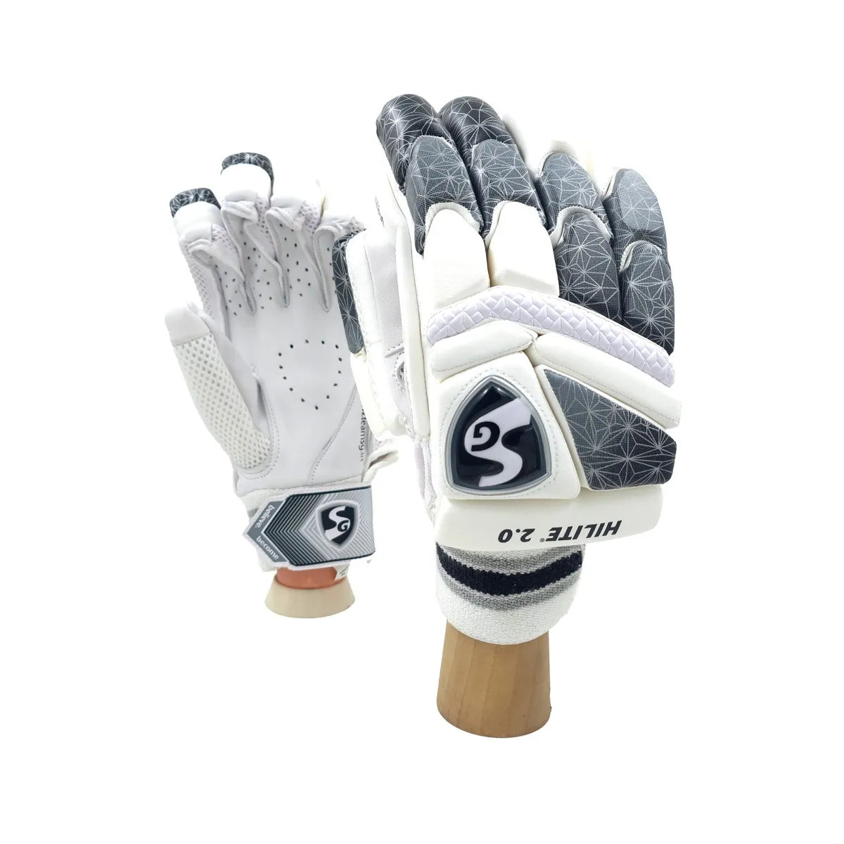 Pair of SG Hilite 2.0 adult cricket batting gloves mounted on wooden stands showing ventilated palm and patterned finger padding.