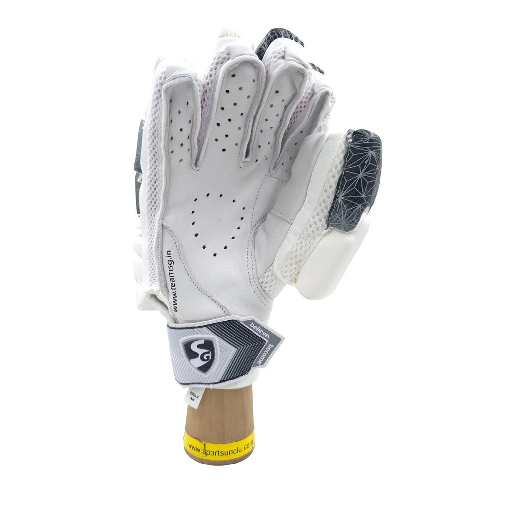 Palm view of SG Hilite 2.0 adult cricket batting glove mounted on a wooden display stand, showing soft white leather palm with ventilation perforations.