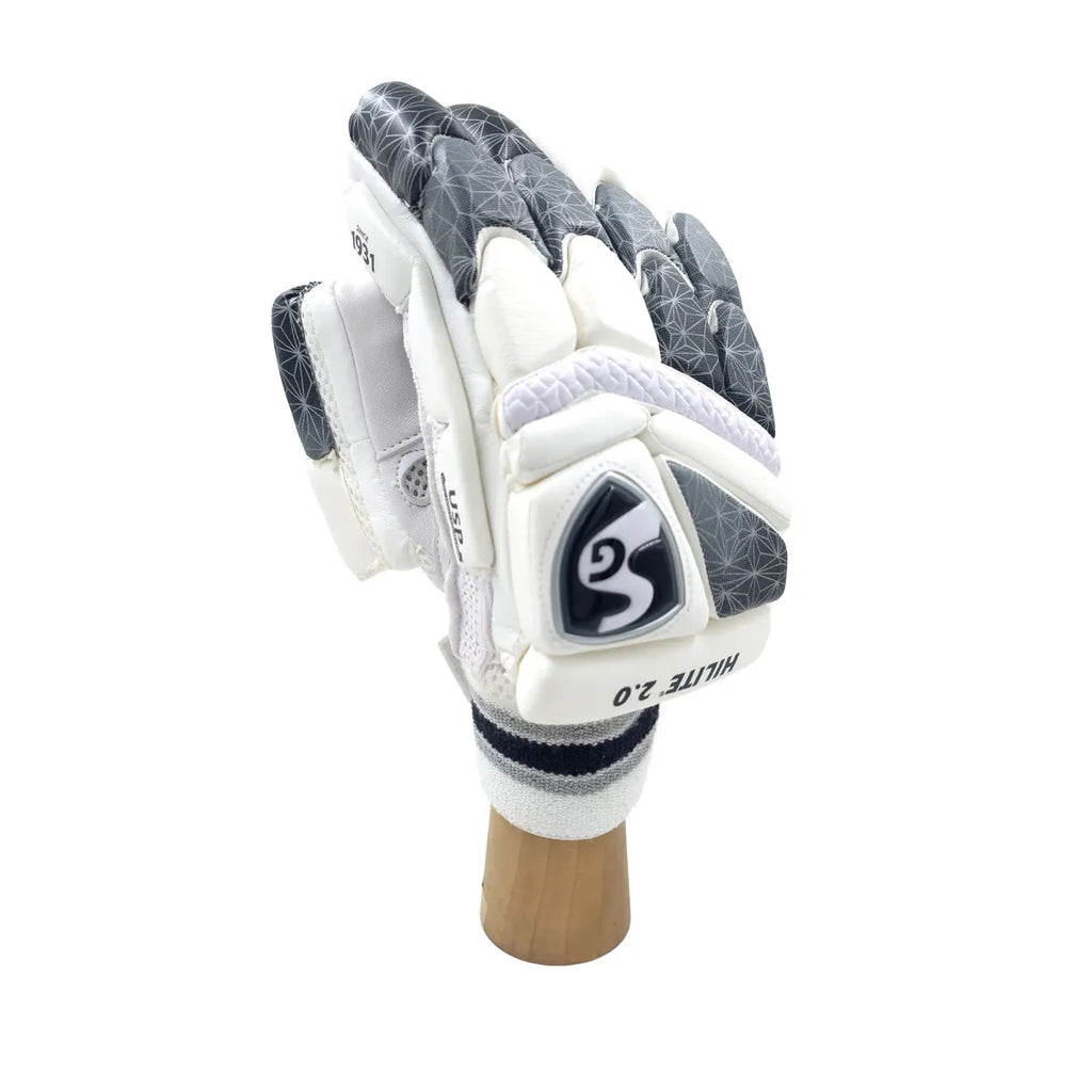 Side angle of SG Hilite 2.0 adult cricket batting glove mounted on a wooden display stand, showcasing dark patterned finger protection rolls.