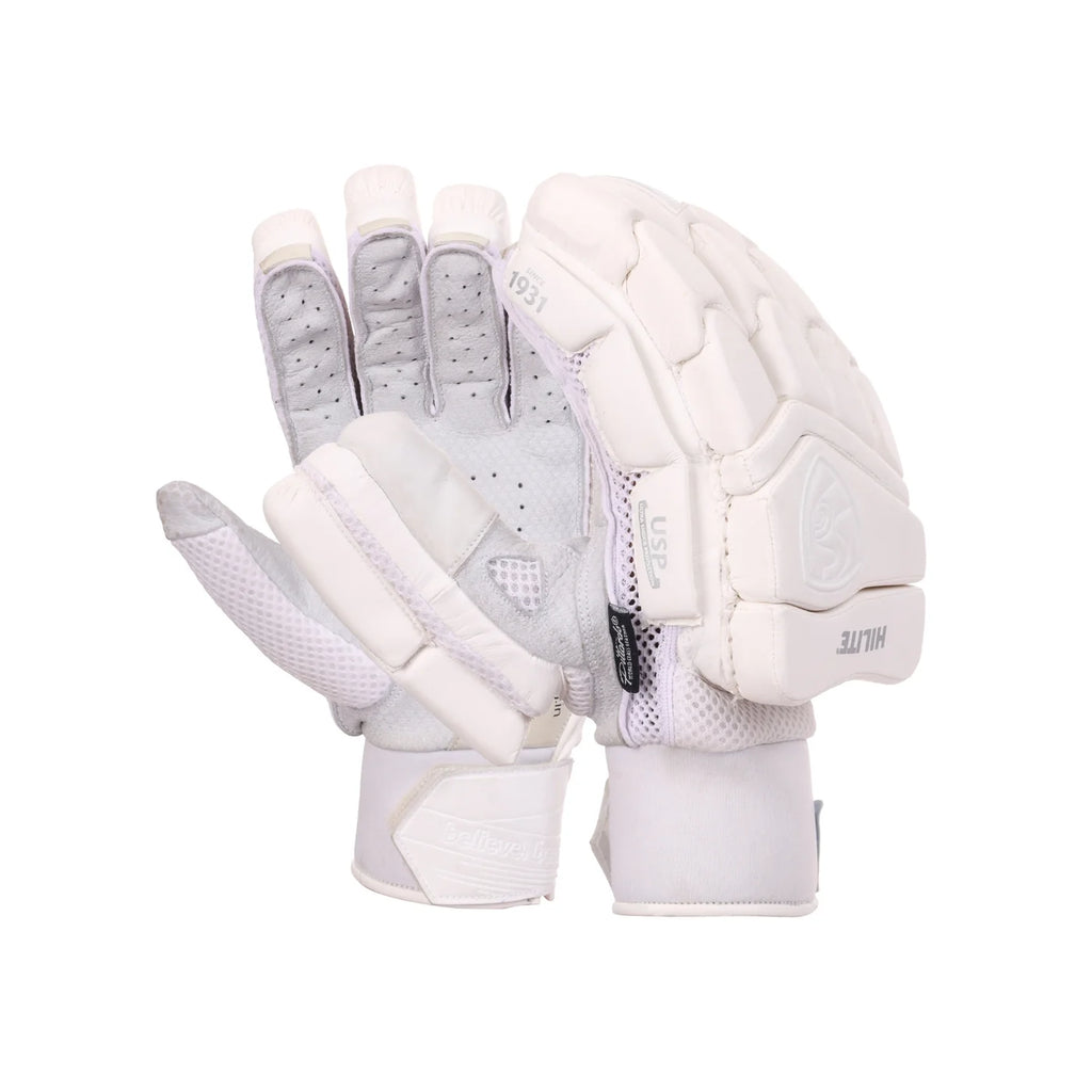 Front view of SG Hilite White adult cricket batting gloves showing protective finger padding on Alberta