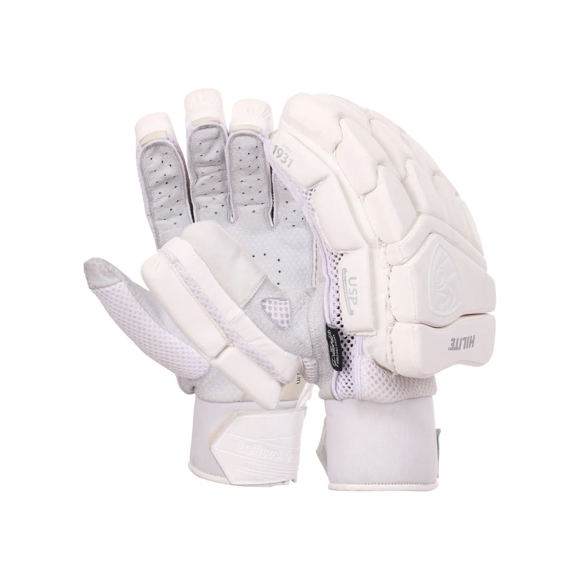 Front view of SG Hilite White adult cricket batting gloves showing protective finger padding on Alberta