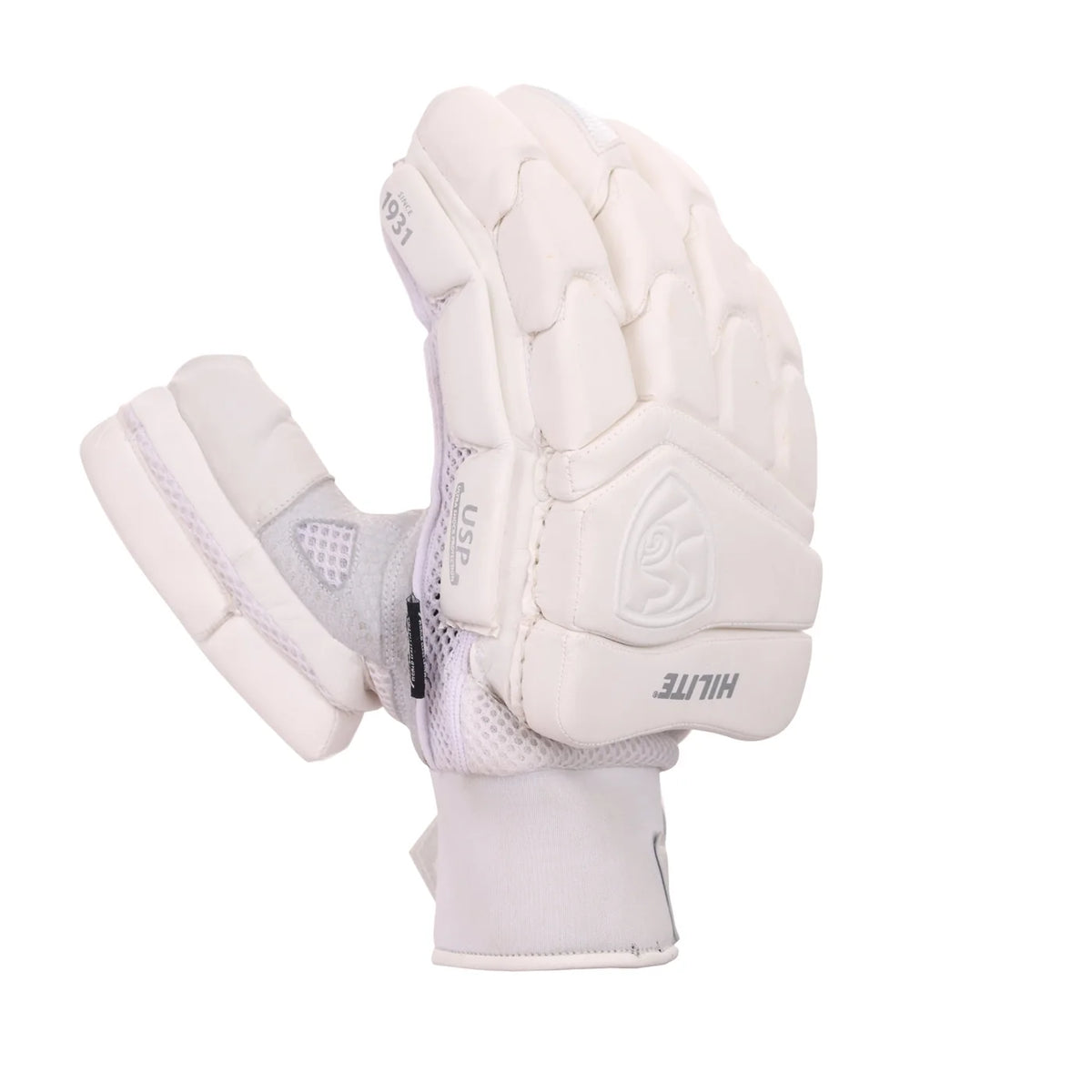 Outer side view of SG Hilite White adult cricket batting gloves showing split finger rolls on Alberta.