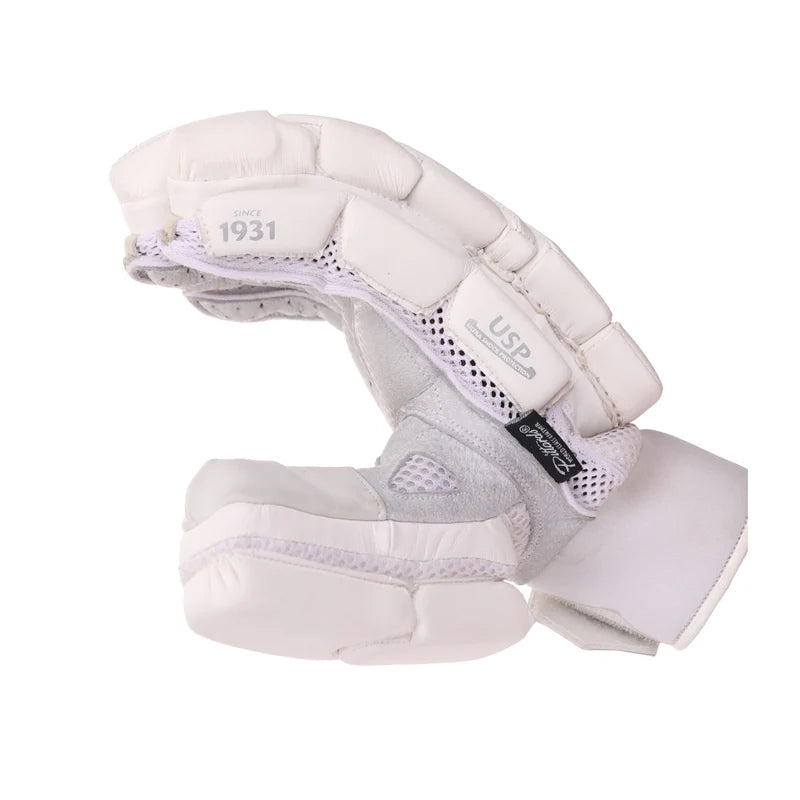 Side view of SG Hilite White adult cricket batting gloves showing finger split design on Alberta.