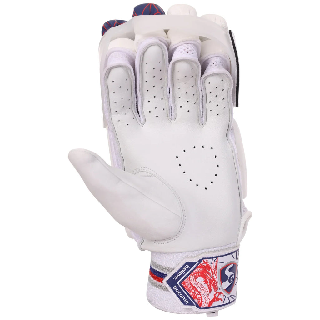 Outer angle view of SG KLR Armour adult cricket batting gloves in white with teal accents on Alberta.