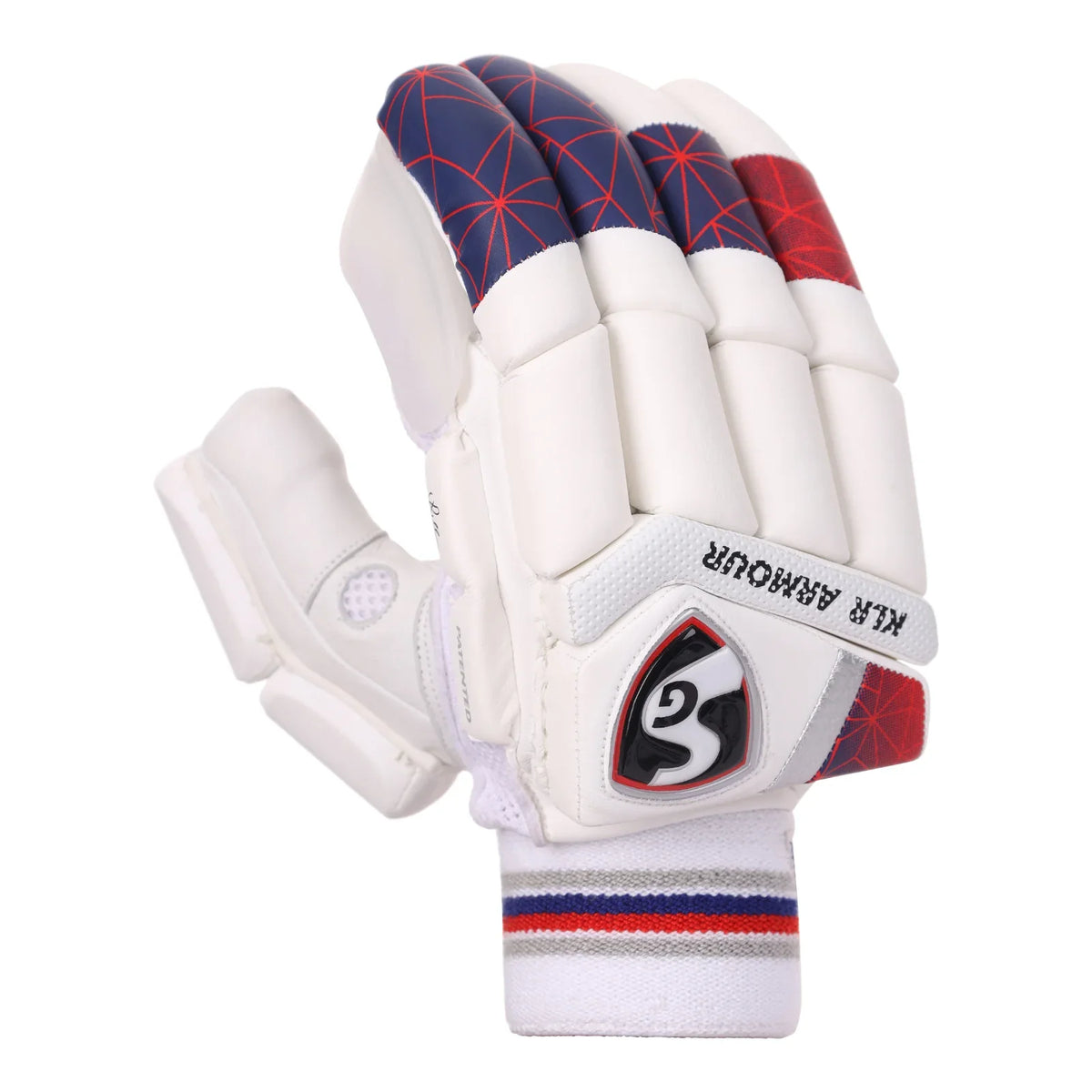 Top view of SG KLR Armour adult cricket batting gloves showing split finger padding on Alberta.