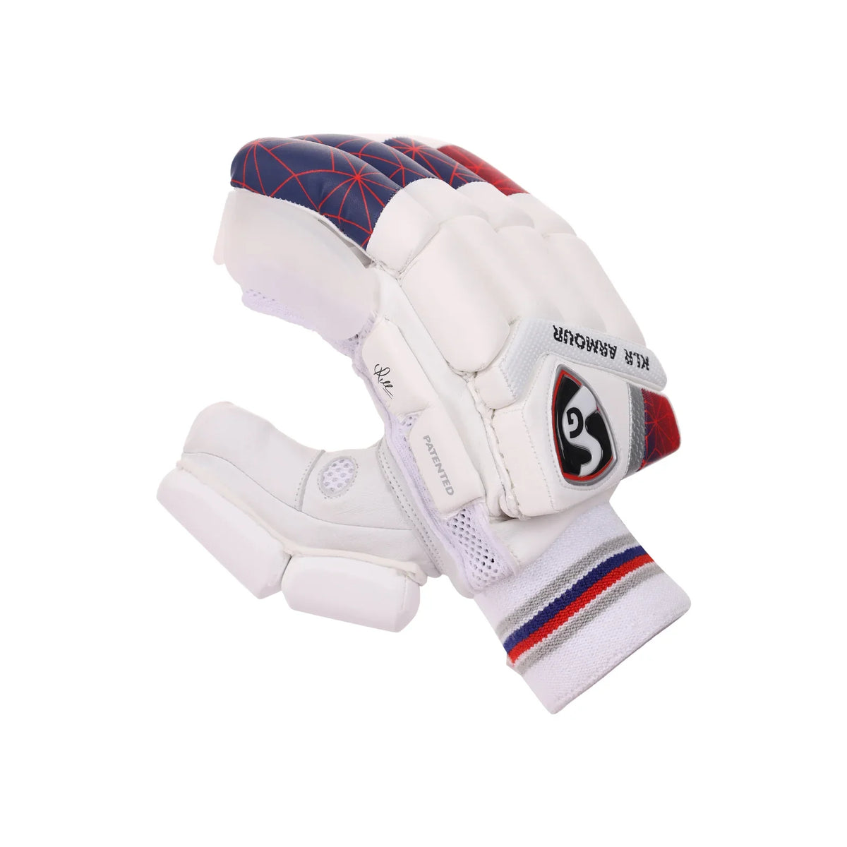Back hand view of SG KLR Armour adult cricket batting gloves showing protective padding on Alberta.