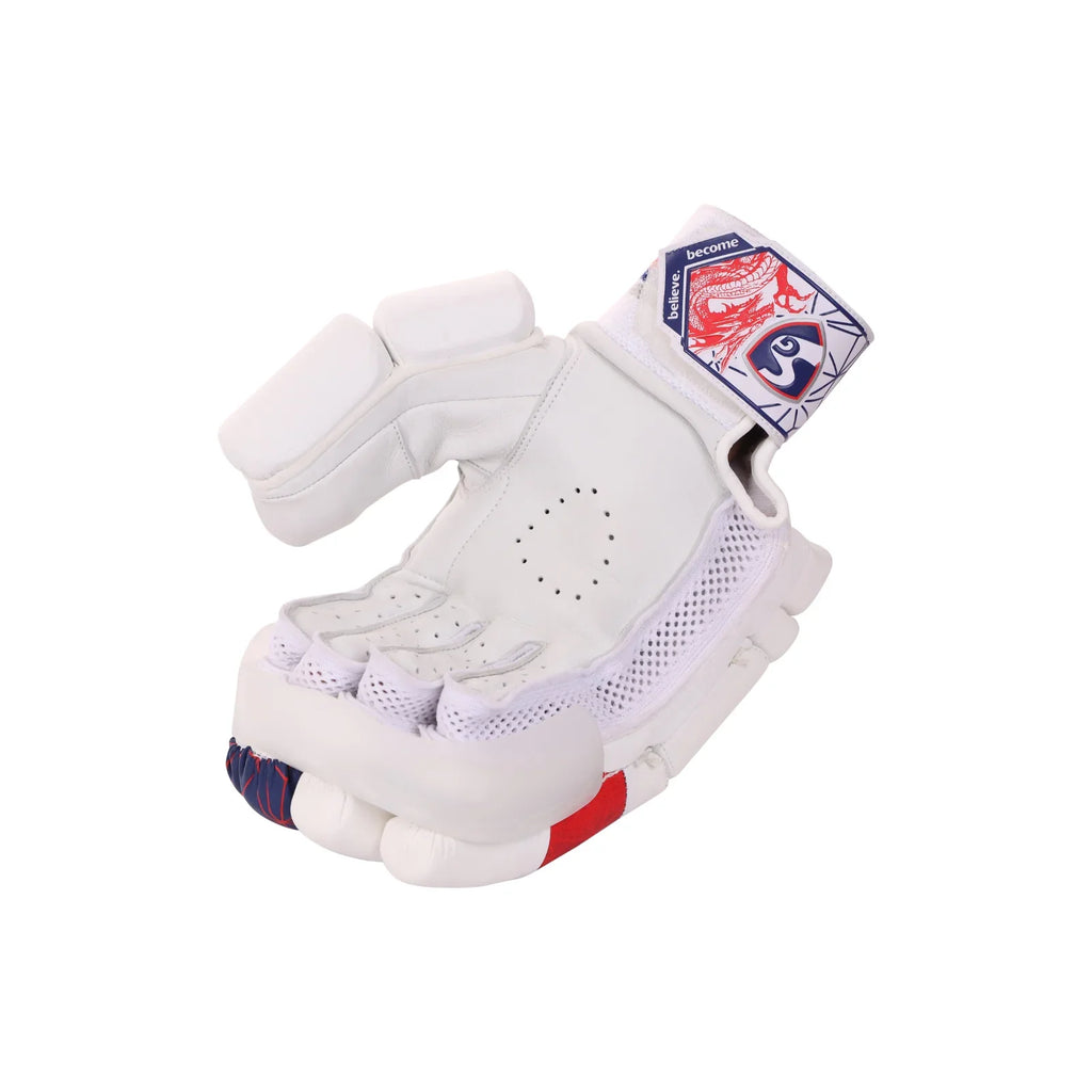 Palm view of SG KLR Armour adult cricket batting gloves showing leather grip material on Alberta.