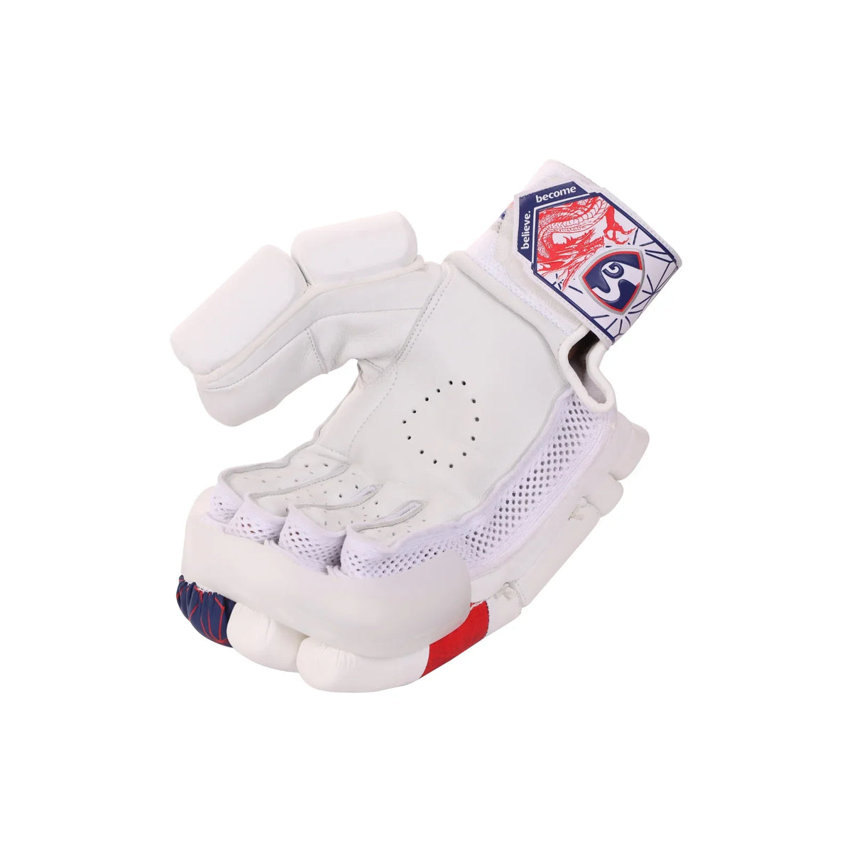 Palm view of SG KLR Armour adult cricket batting gloves showing leather grip material on Alberta.