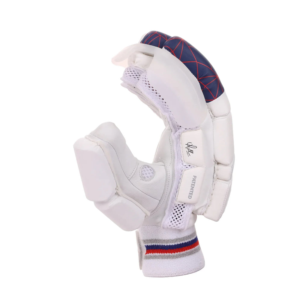 Side angle view of SG KLR Armour adult cricket batting gloves showing finger protection on Alberta.