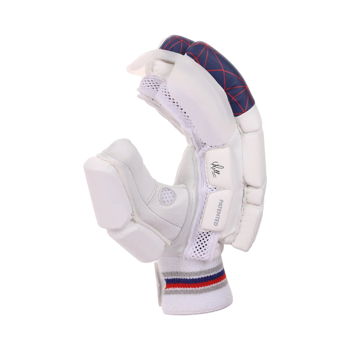 Side angle view of SG KLR Armour adult cricket batting gloves showing finger protection on Alberta.