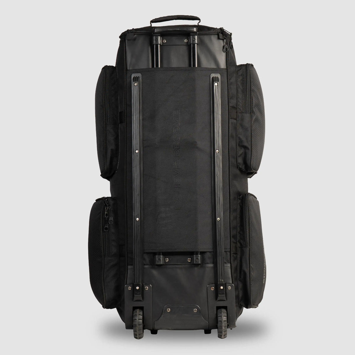 Back view of black SG KLR Wheelie Trunk cricket kit bag showcasing the telescopic trolley handle and heavy-duty bottom wheels.