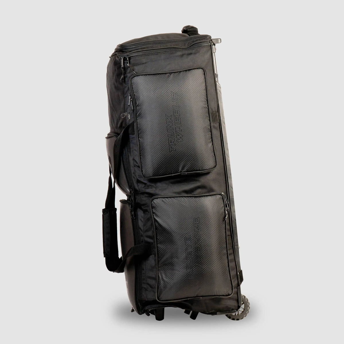 Upright black SG KLR Wheelie Trunk cricket kit bag featuring multiple zipped compartments, side pockets, and durable wheels.