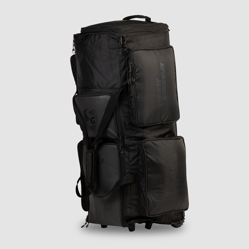 Upright black SG KLR Wheelie Trunk cricket kit bag featuring multiple zipped compartments, side pockets, and durable wheels.
