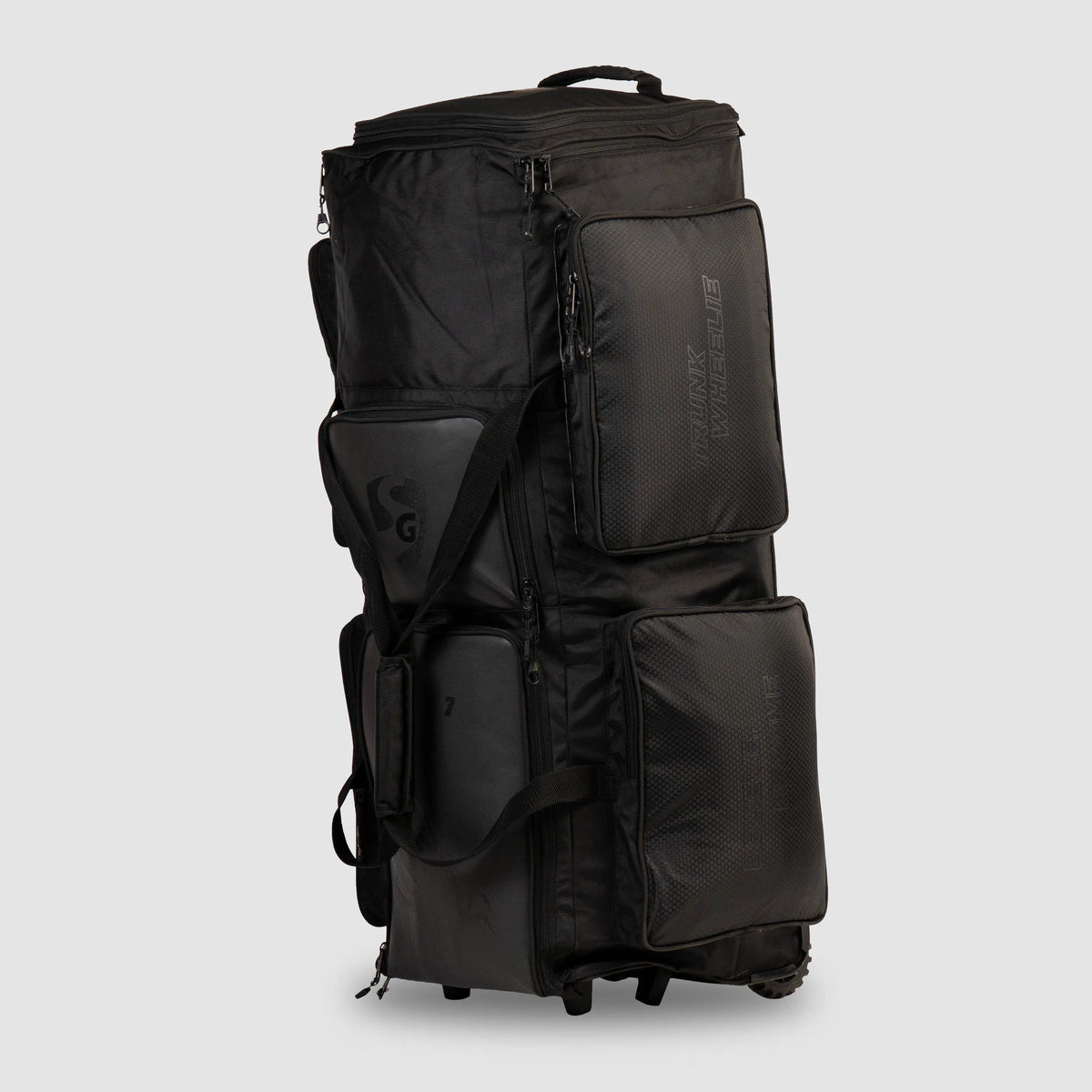 Upright black SG KLR Wheelie Trunk cricket kit bag featuring multiple zipped compartments, side pockets, and durable wheels.