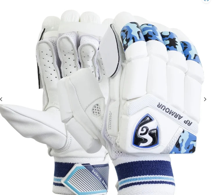SG RP Armour cricket batting glove in white with blue camo accents on Alberta.