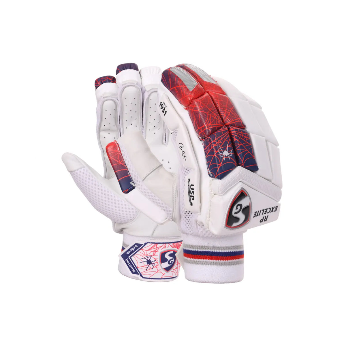 Pair of SG RP Armour adult cricket batting gloves in white with blue camo accents on Alberta.
