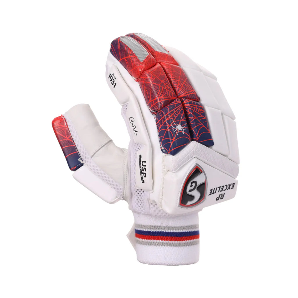 Front view of SG RP Excelite adult cricket batting gloves in white and navy on Alberta.
