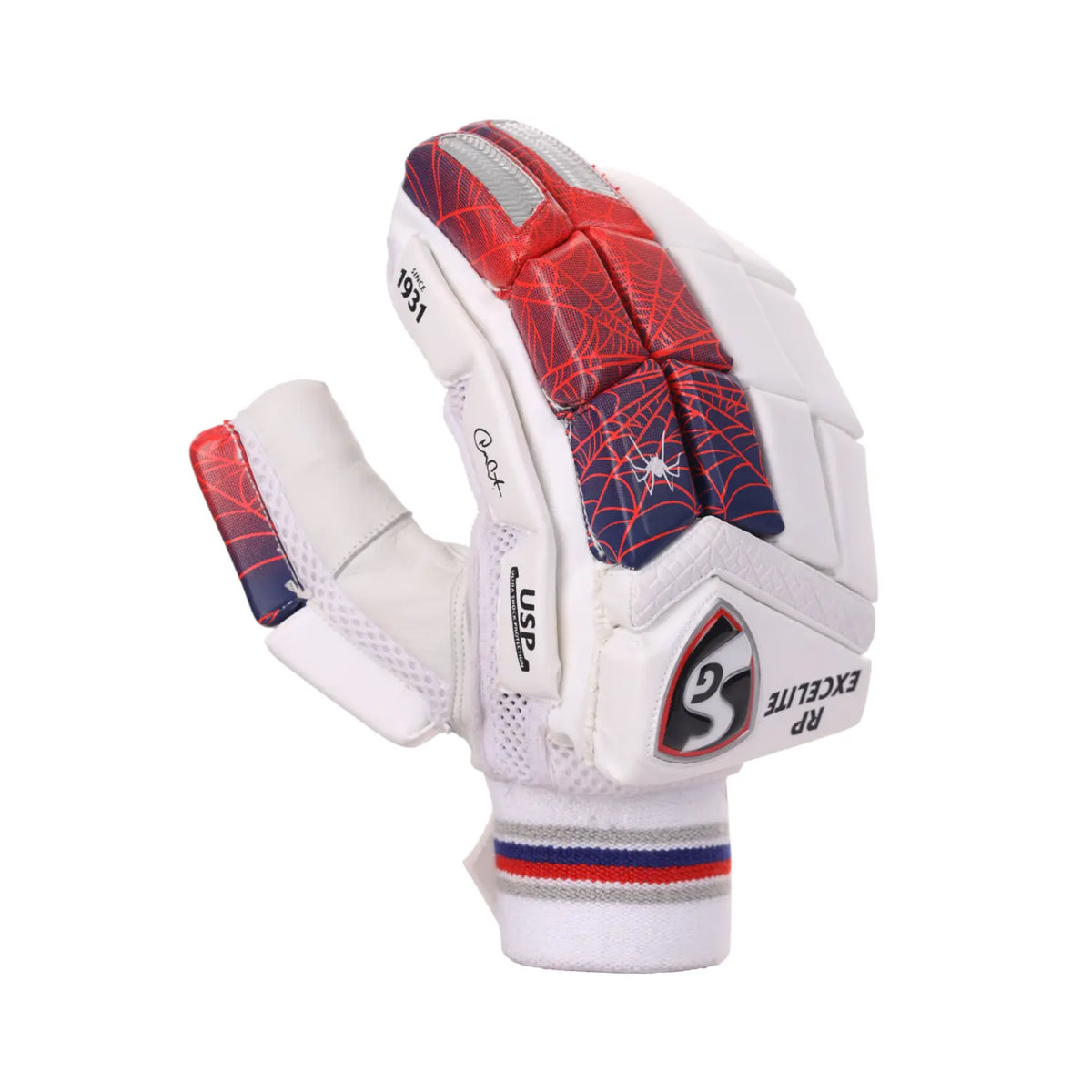 Front view of SG RP Excelite adult cricket batting gloves in white and navy on Alberta.