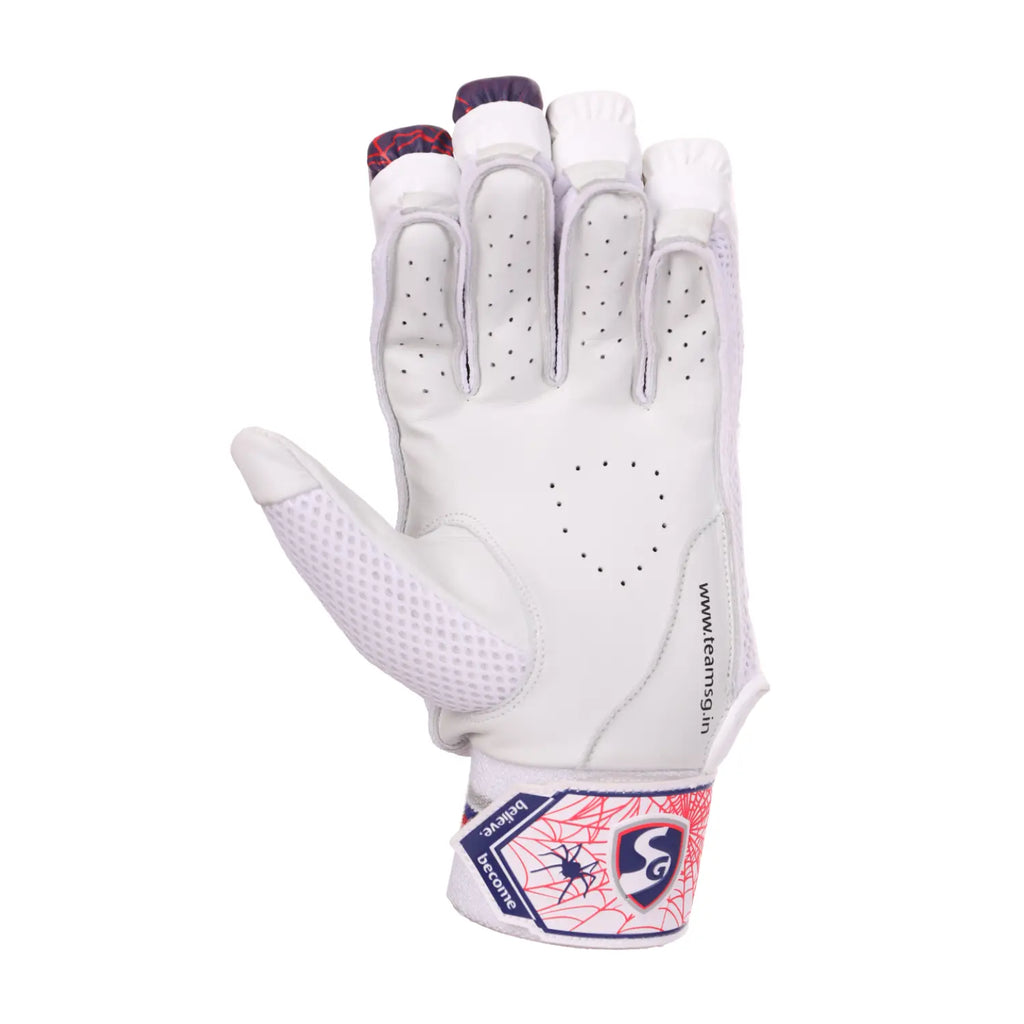 Side view of SG RP Excelite adult cricket batting gloves on Alberta.