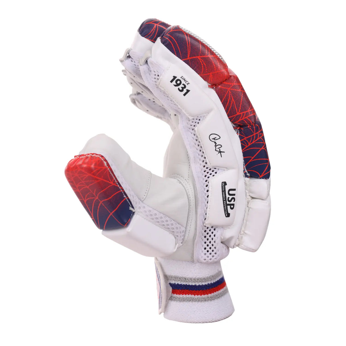 SG RP Excelite adult cricket batting gloves in white with navy blue trim on Alberta.