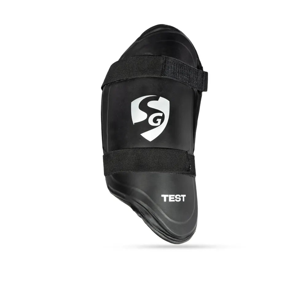 Outer black SG Test cricket main thigh guard with double velcro straps at Alberta Cricket Store