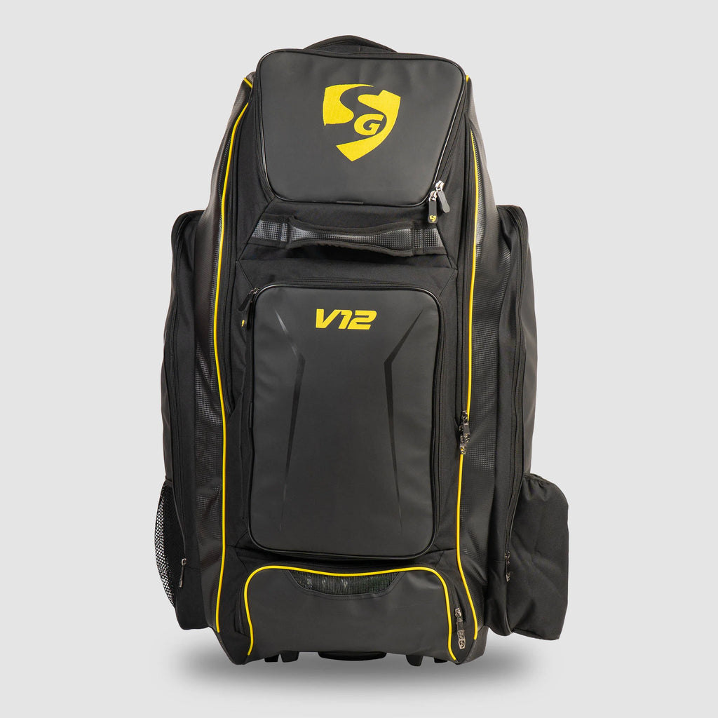 WordPress media attachment details interface displaying metadata for SG V12 Player Duffle Wheelie Cricket Kit Bag image file