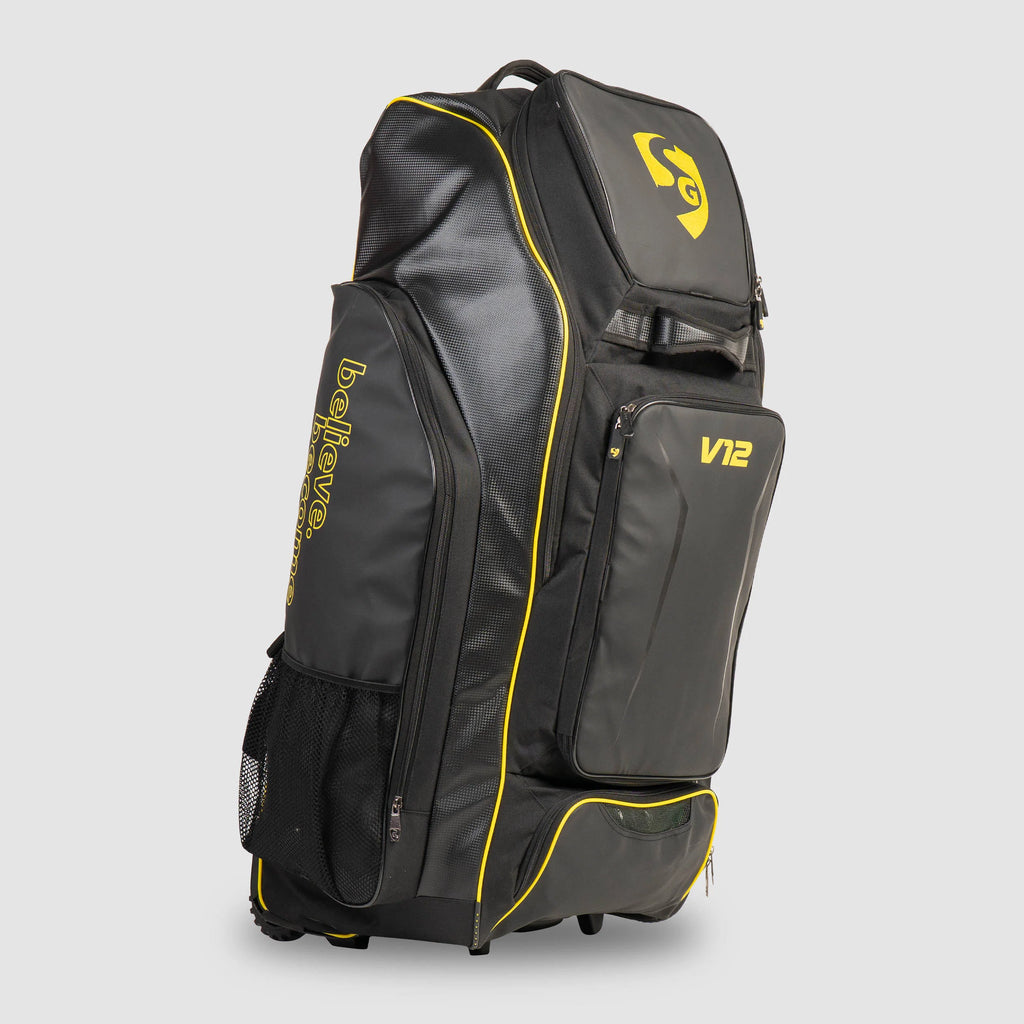 Top corner view of the SG V12 Player Duffle Wheelie Cricket Kit Bag showing the yellow SG logo, durable black fabric, and top zipper closure