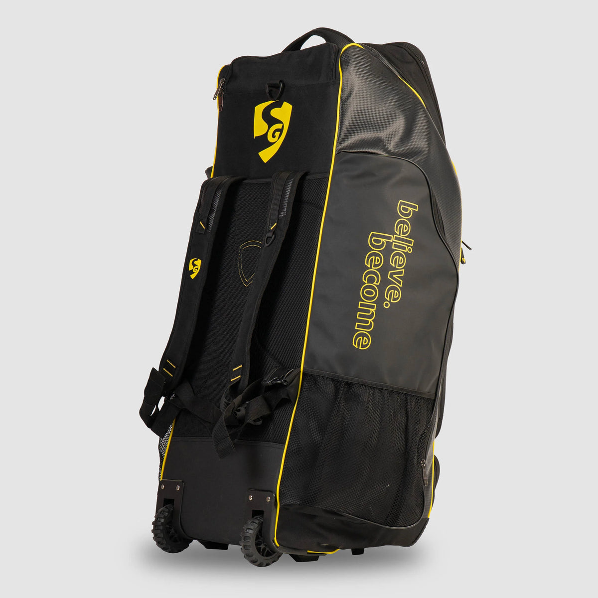 WordPress media attachment details panel displaying metadata for SG V12 Player Duffle Wheelie Cricket Kit Bag image upload