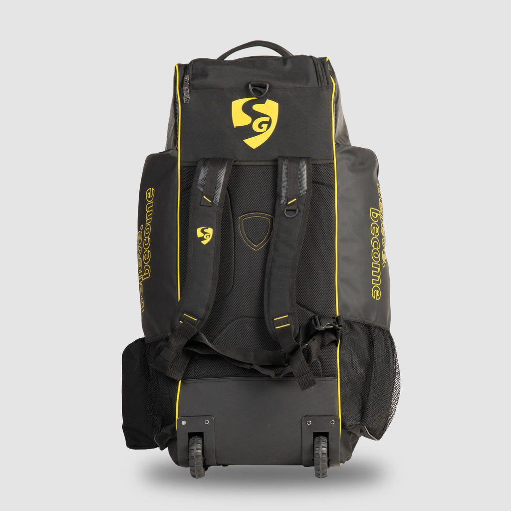 WordPress media attachment interface showing metadata for SG V12 Player Duffle Wheelie Cricket Kit Bag image upload