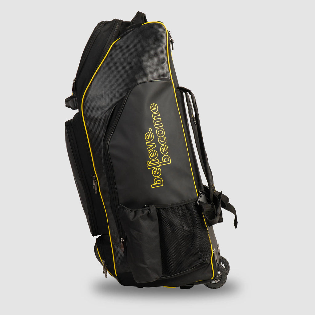 Black and yellow SG V12 Player Duffle Wheelie Cricket Kit Bag top view with heavy-duty zipper closure