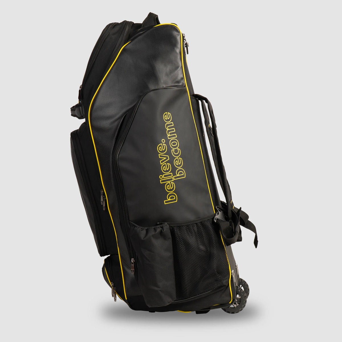 Black and yellow SG V12 Player Duffle Wheelie Cricket Kit Bag top view with heavy-duty zipper closure