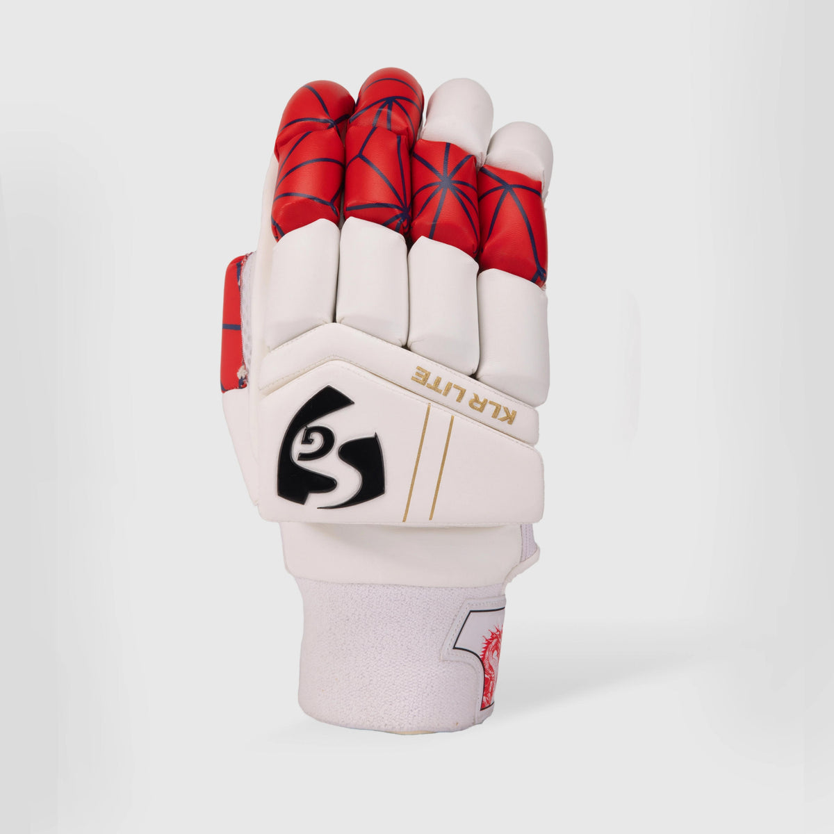 Back hand view of SG KLR Lite adult cricket batting gloves showing high-density foam padding on Alberta.