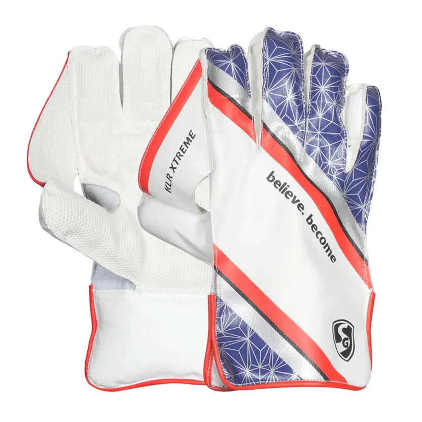 Pair of SG KLR Xtreme adult wicket keeping gloves showing white textured inner palm and blue geometric patterned outer backboard.