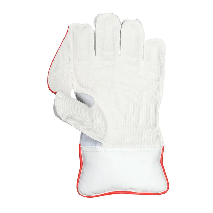 Inner palm view of SG KLR Xtreme adult wicket keeping glove showing rubberized grip texture and red trim lining.