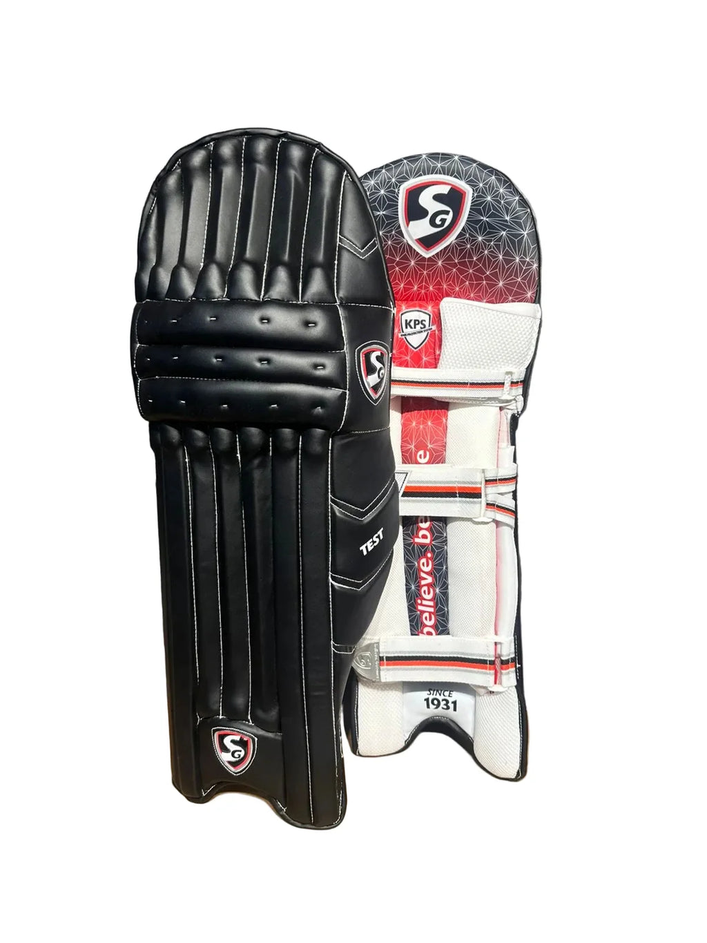 Pair of black SG Test Cricket Batting Pads showing front face and padded back lining with red and white details