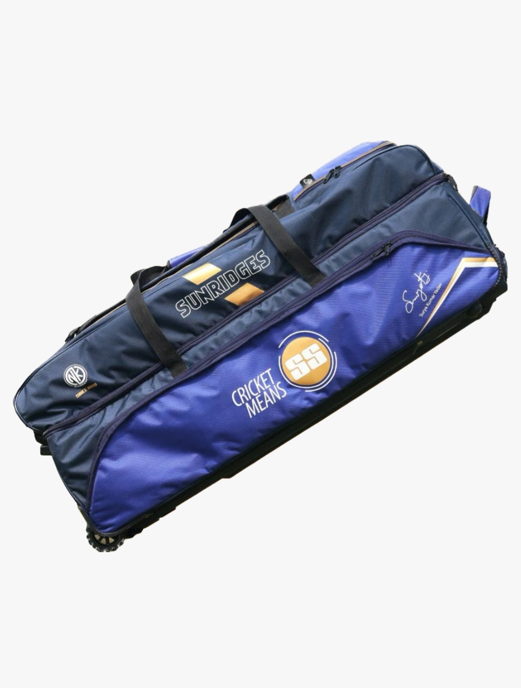 SS SKY Player cricket kit bag in blue and black with SS logo on Alberta.