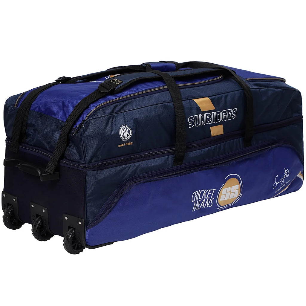 SS SKY Player cricket kit bag showing external accessory compartments and wheel setup on Alberta.