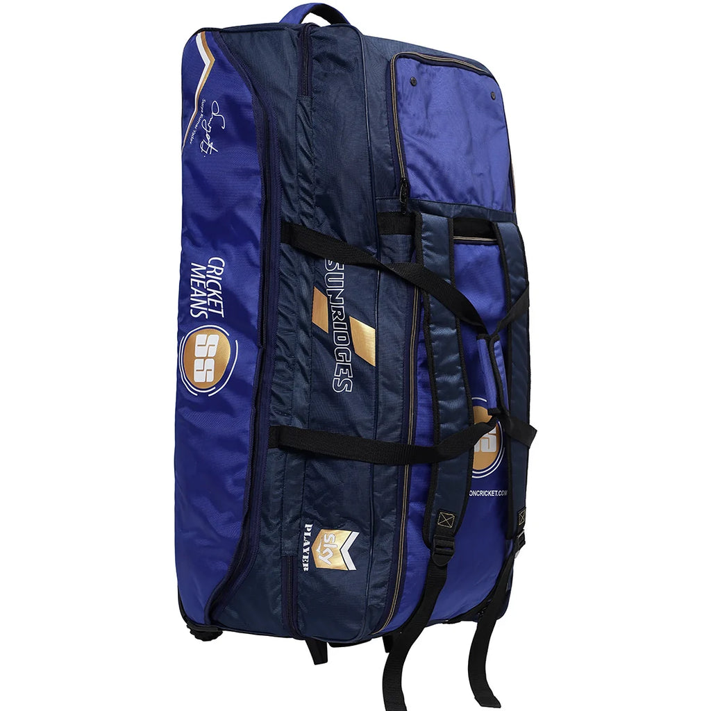 Front side angle view of SS SKY Player cricket kit bag in navy blue with SS logo on Alberta.
