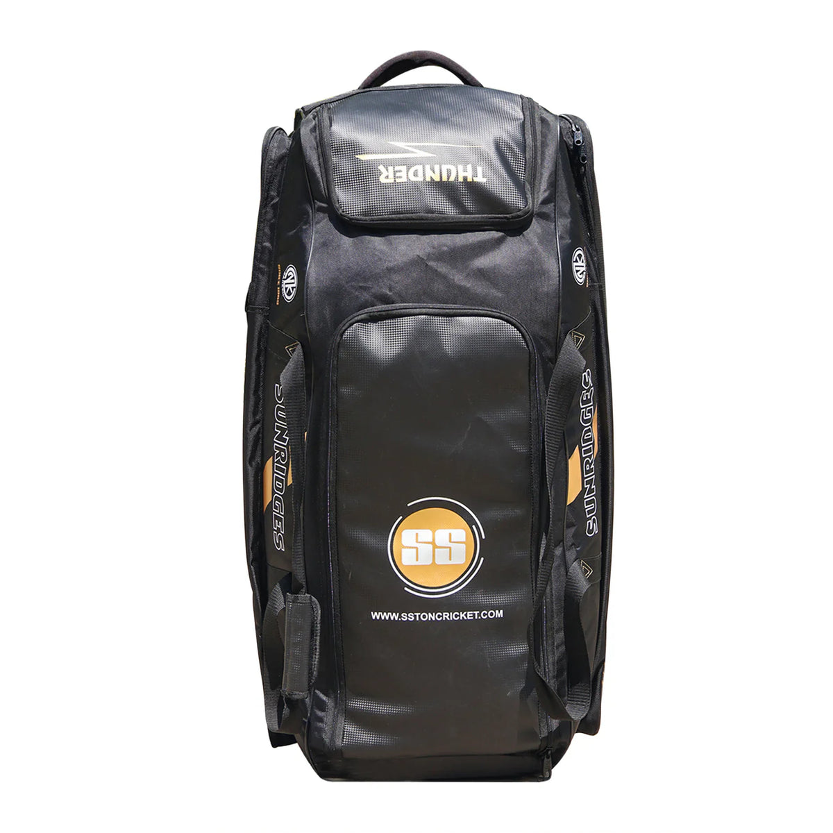 SS Sky Thunder cricket kit bag in black with wheels and gold logo available at Alberta Cricket Store