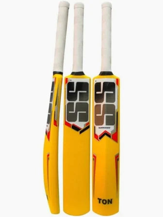 Three SS TON plastic cricket bats in size 5, shown from different angles.