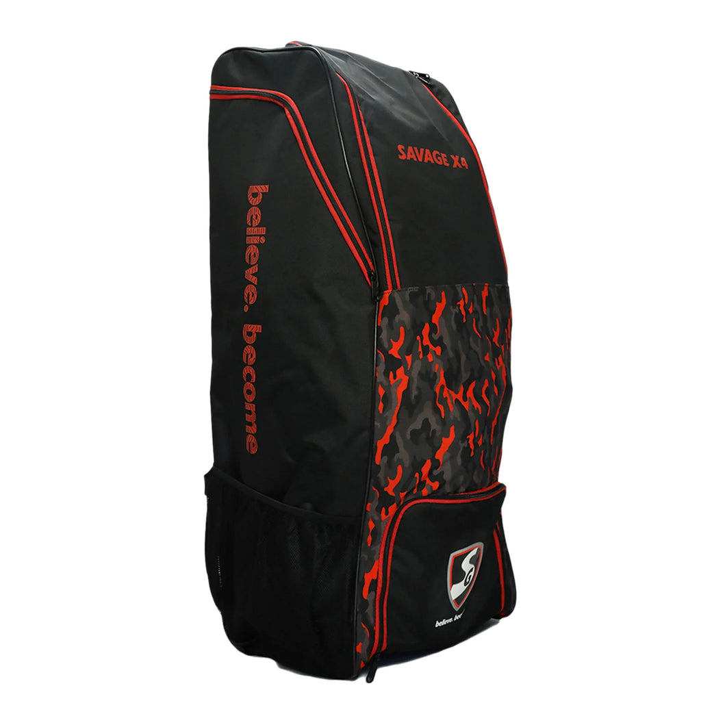 Front angle view of SG Savage X4 duffle wheelie cricket bag featuring red camo accents and SG logo on Alberta.