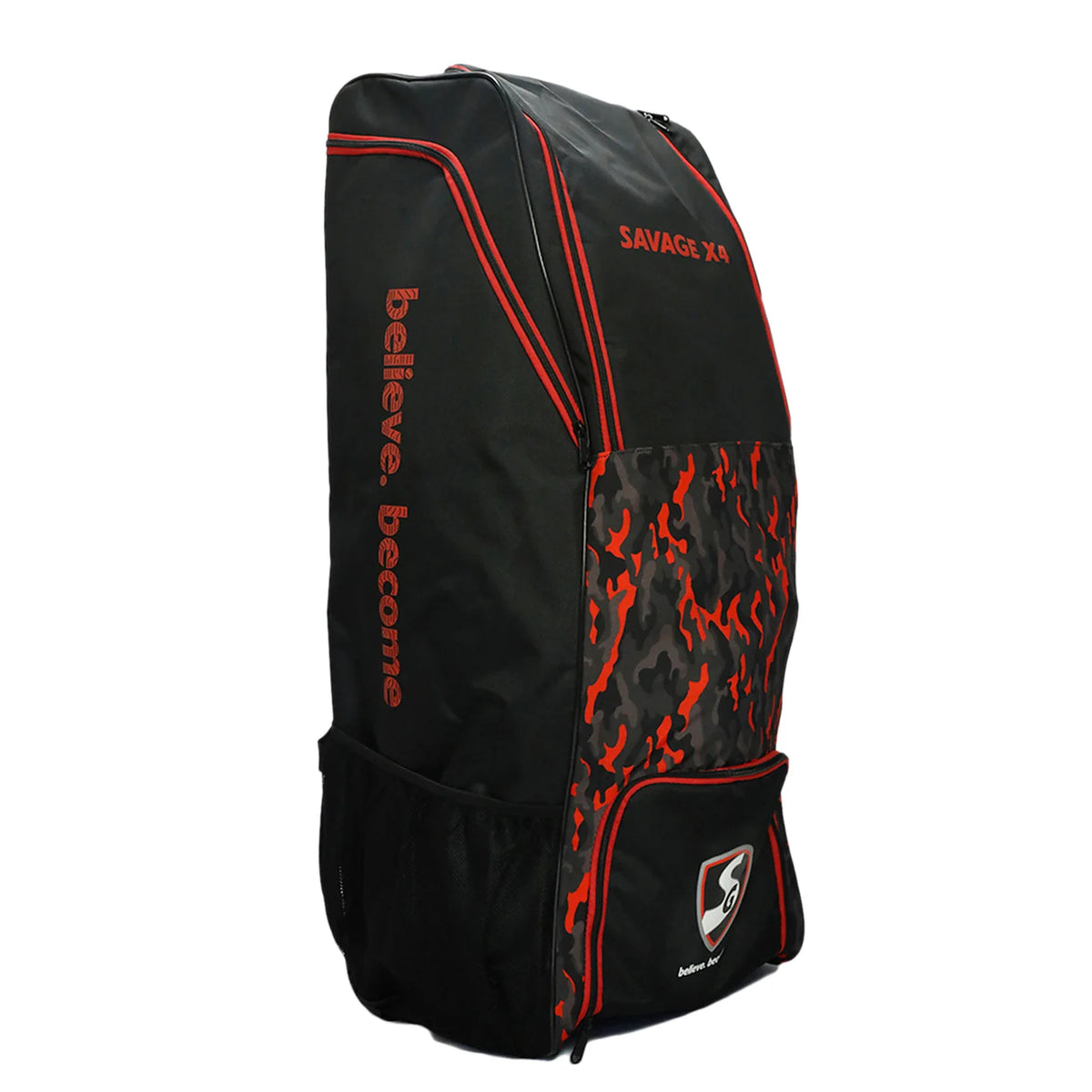 Front angle view of SG Savage X4 duffle wheelie cricket bag featuring red camo accents and SG logo on Alberta.