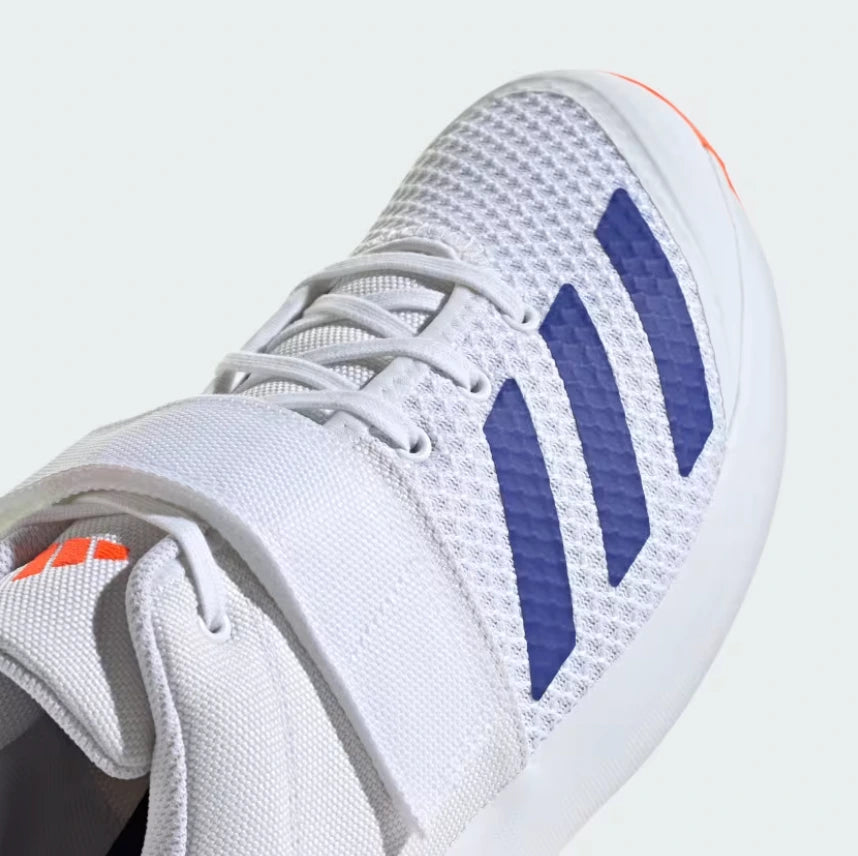 White and blue upper mesh with velcro midfoot strap on Adidas Adipower Vector 2.0 Cricket Shoes - Alberta Cricket Store